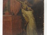 un vieux tableau représentant une femme sur une croix, avec un homme de l'autre côté de celle-ci