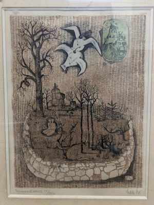 an image of a picture of a bird flying over a forest