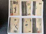 six old postcards of different types of stamps on a black surface
