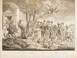 a drawing of a group of people gathered around a fountain