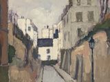 peinture représentant une rue avec des bâtiments en arrière-plan