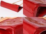 two photos of a red purse with a gold handle