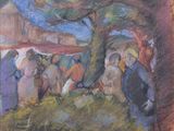 tableau représentant un groupe de personnes debout sous un arbre, munies de parapluies