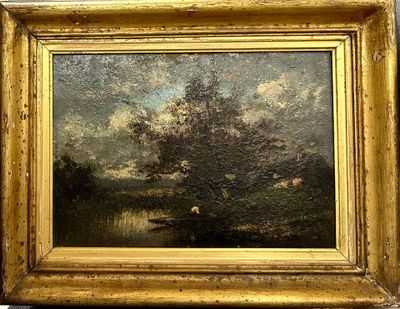 an oil painting of a tree in a field with a lake in the background