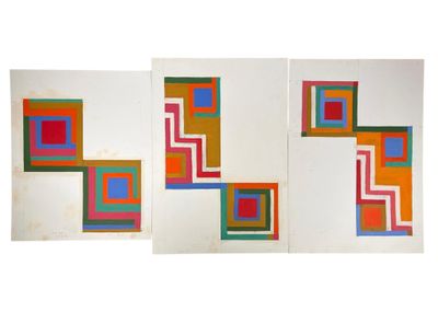 three squares of different colors are arranged on a white surface