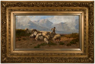 an image of a painting of a man herding sheep in a mountainous landscape