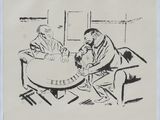 dessin représentant trois hommes assis à une table dans une pièce