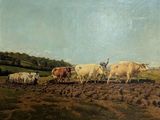 un tableau représentant un homme labourant un champ avec des bœufs