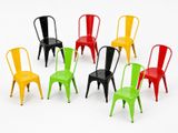 several different colored chairs are arranged in a circle on a white surface