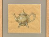 painting of a teapot on a table with a gold background