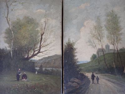 COUTEAT CONTI (XIXe-XXe) Paire de paysages animés, Huiles su…