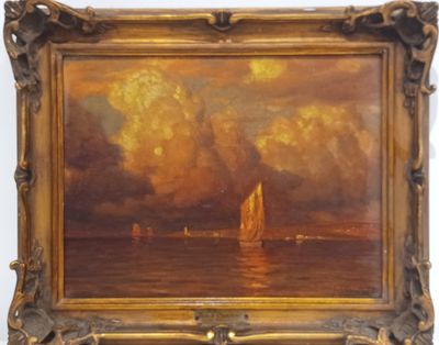 an oil painting of a sailboat in the ocean with clouds in the background