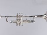 a silver trumpet on a gray background with a white background