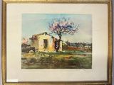 framed watercolor painting of a house and a tree in a field