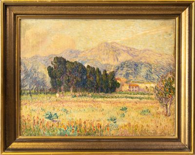 un tableau représentant un champ avec des arbres et des montagnes en arrière-plan