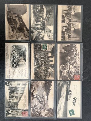 several old postcards of people on a black surface