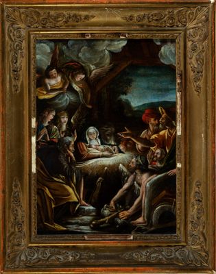 une image représentant une peinture d'une crèche avec des anges et une mangeoire