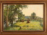 an oil painting of cows grazing in a field by a river