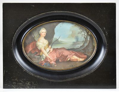 tableau représentant une femme en robe rose assise dans un décor boisé