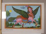 a picture of a painting of a woman riding a horse
