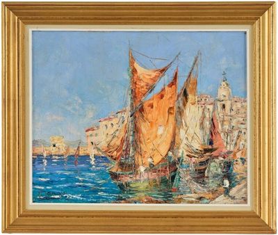 une peinture à l'huile représentant des bateaux dans un port avec des bâtiments à l'arrière-plan