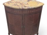 a marble top cabinet with two doors and a drawer
