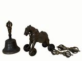a horse pulling a carriage and a bell on a white background