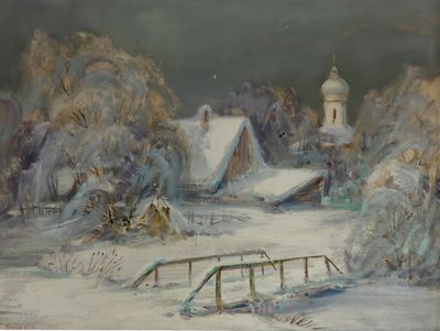 une image représentant un tableau représentant un paysage enneigé avec une église en arrière-plan