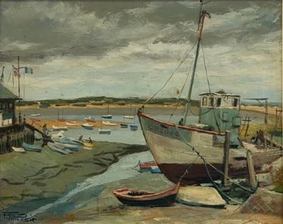 un tableau représentant un bateau sur le rivage, avec d'autres bateaux