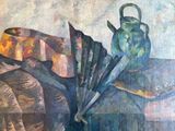 a painting of a teapot and a knife on a table