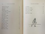 an open book with a drawing of a man walking a dog