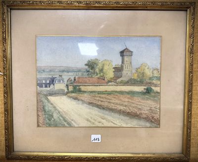 tableau représentant une scène de vie à la ferme avec un château d'eau au loin