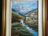 painting of a mountain village with a stream and a mountain in the background