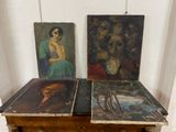 two paintings of a woman and a dog sitting on top of a chest of drawers