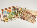 quatre cartes postales représentant une maison, une voiture, une maison et un parcours de golf