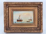 an oil painting of two boats in a body of water with a sky in the background