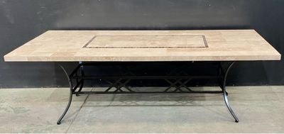 an image of a table with a tile top and metal legs