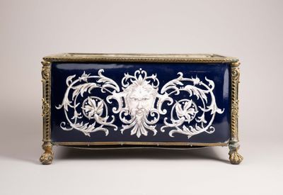 a blue and white box that has a lion on it