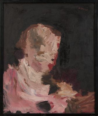 une peinture à l'huile représentant une femme vêtue d'une robe rose et d'un chapeau noir