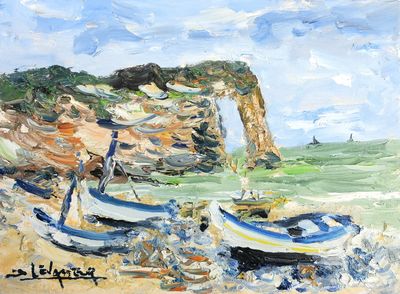 painting of boats on a beach with cliffs in the background
