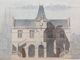 a drawing of a large building with a clock on it
