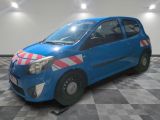 a small blue car with a red and white stripe on the side