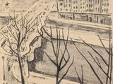 un dessin représentant une vue de la ville depuis une fenêtre