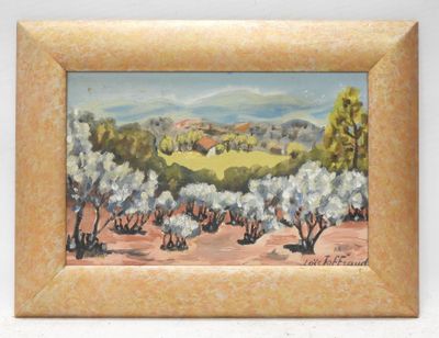an oil painting of a landscape with olive trees in the foreground