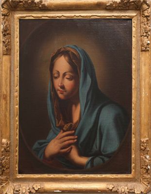 une peinture à l'huile représentant une femme tenant un chapelet entre ses mains