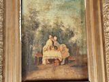 a painting of two people sitting at a table in a park