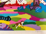 a painting of a cat and a boat on the water