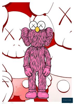 pink teddy bear standing in front of a group of white teddy bears