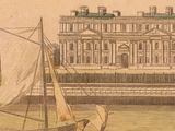 a drawing of a boat in the water with people in it