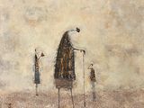 une image représentant un tableau où l'on voit trois personnes avec un oiseau sur la tête